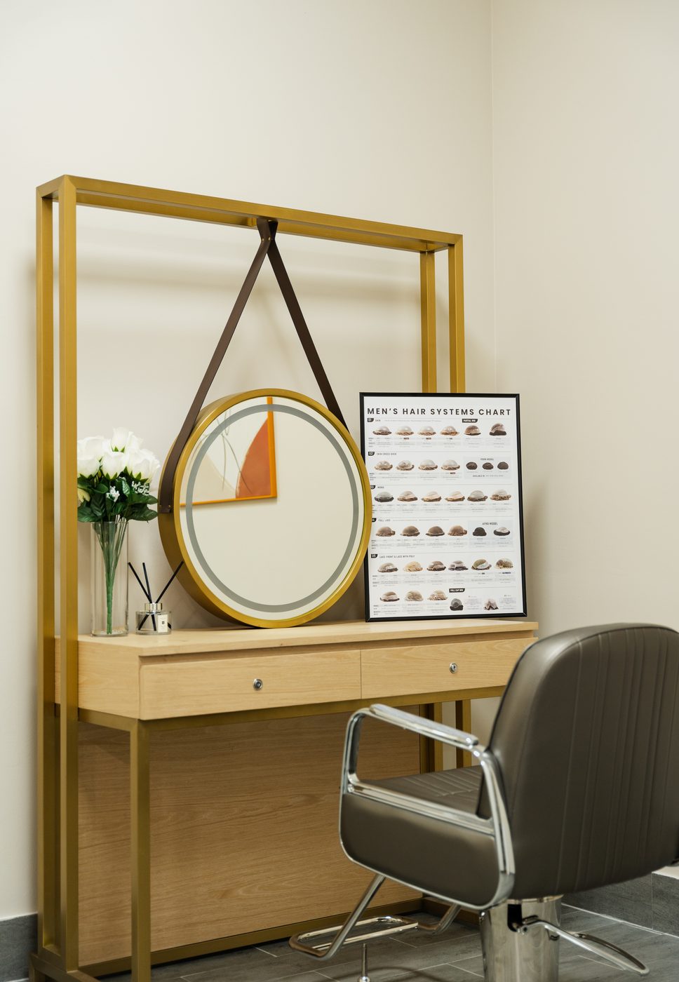 Styling vanity with men's hair systems chart at Gen'C Pembroke Pines
