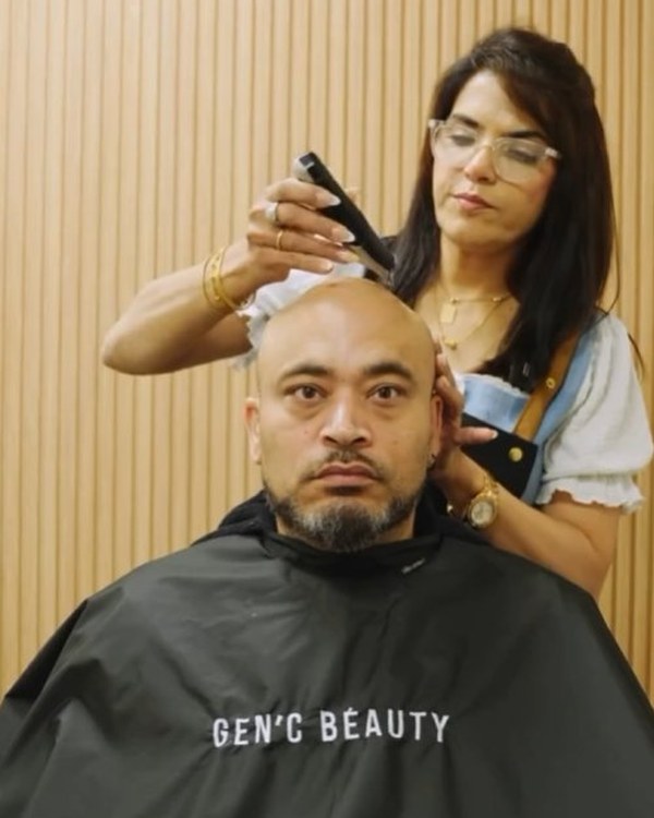 Client before — hair system application at Gen'C